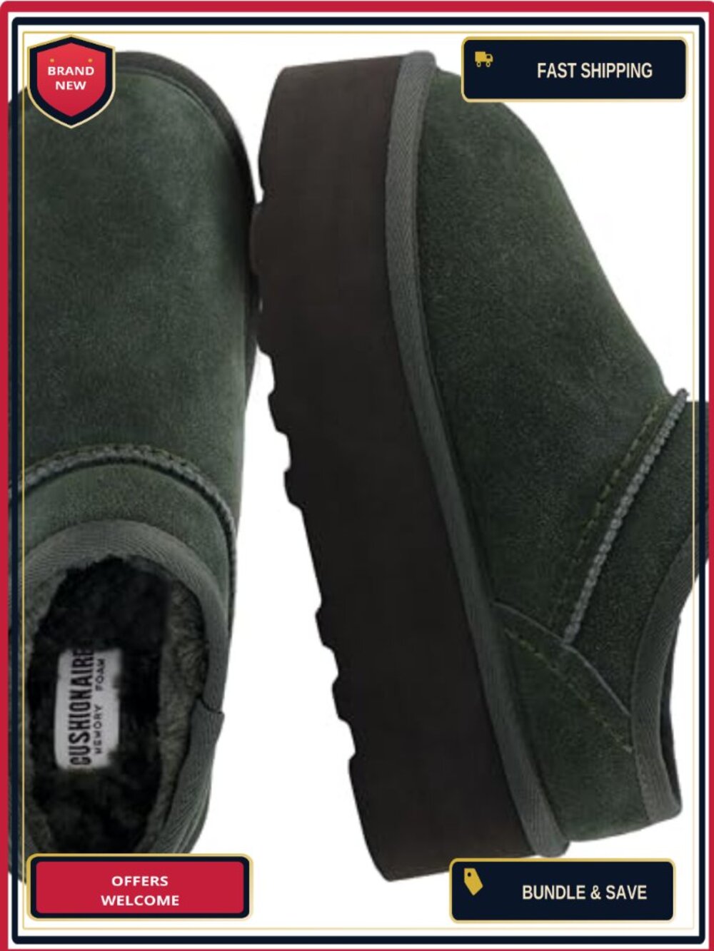Genuine Suede Platform Slippers Memory Foam Faux Fur Lined Women's Mules